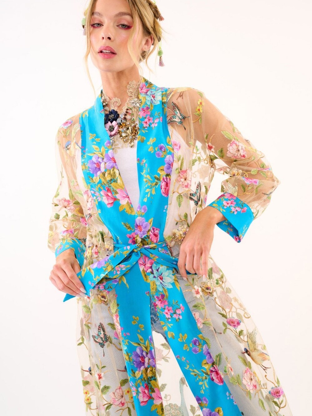 Aratta Garden Of Eden Embroidered Blue Floral Mesh Duster sz XL NWT - Picture 3 of 11